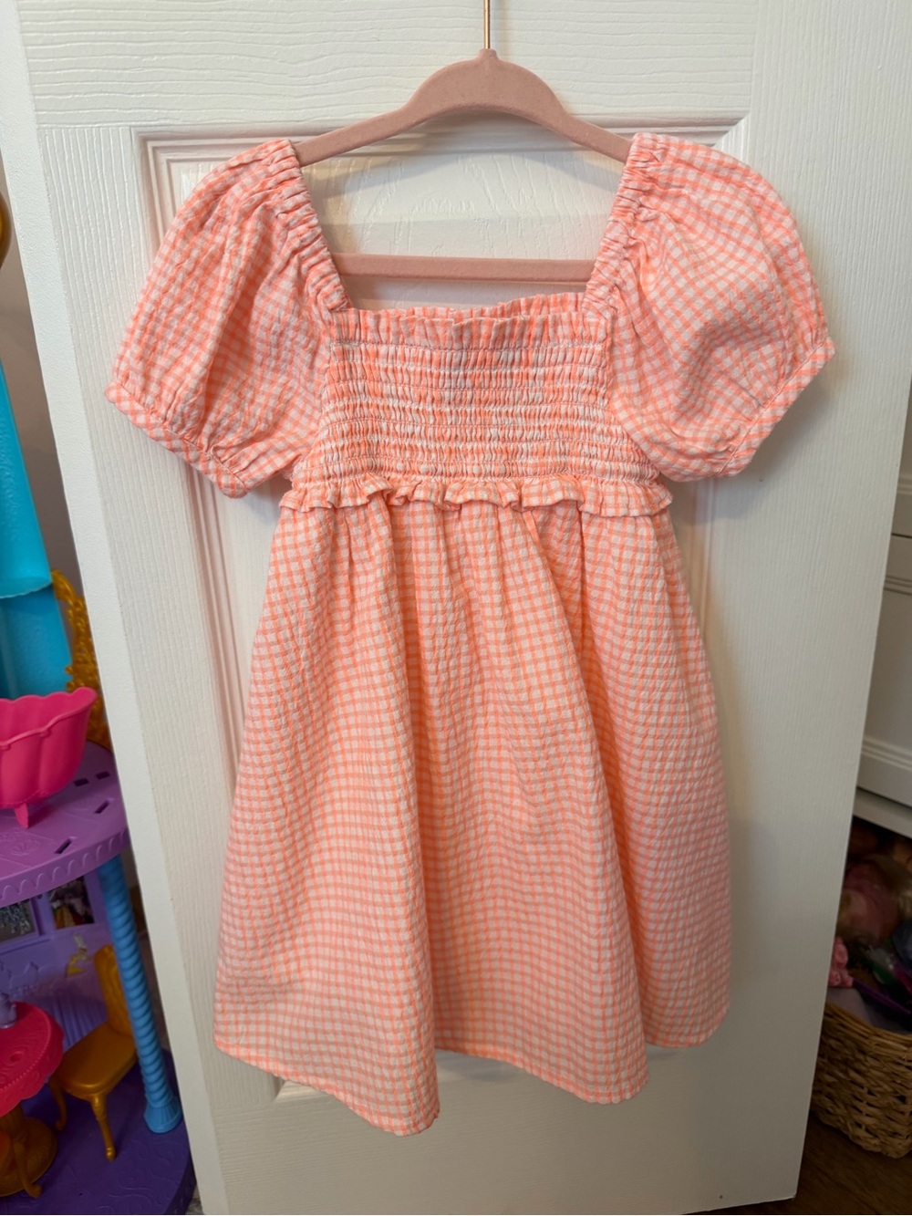 Janie and Jack Peach Gingham Smocked Puff-Sleeve Dress